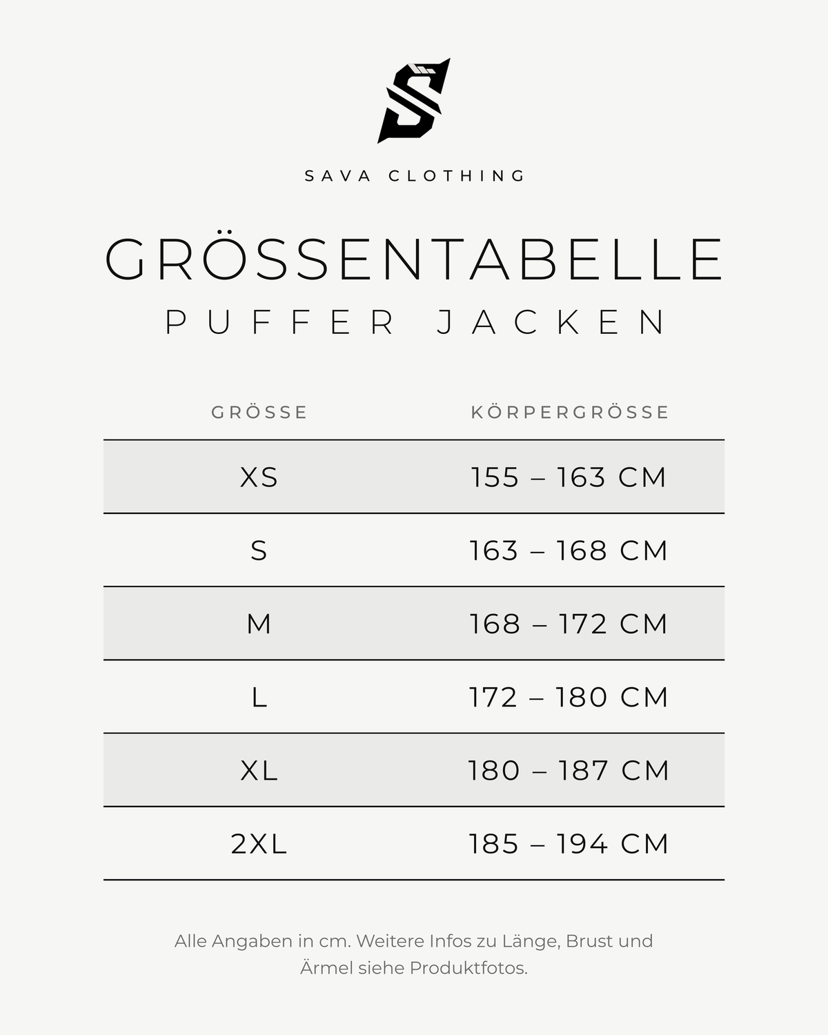 Größentabelle Pufferjacke