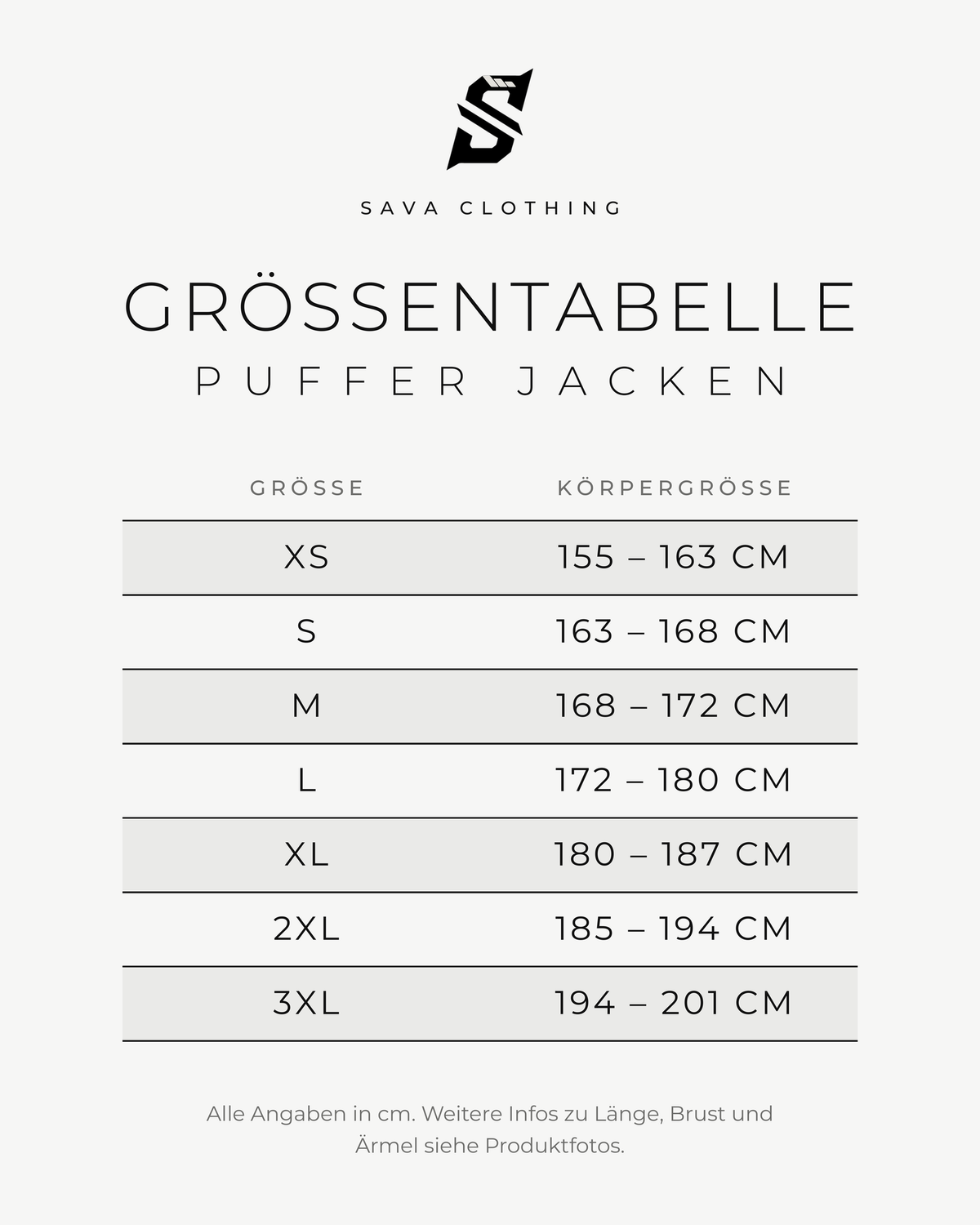 Größentabelle Pufferjacke mit 3XL