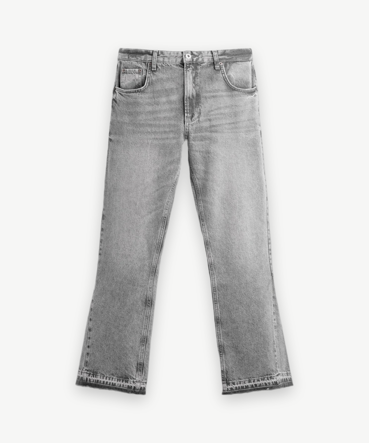 Graue ausgewaschene Bootcut-Jeans mit offenem Saum, Vorderansicht