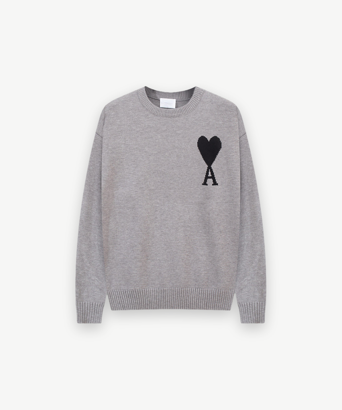 Grauer Strick-Sweater mit schwarzem Herz-Logo, Vorderansicht