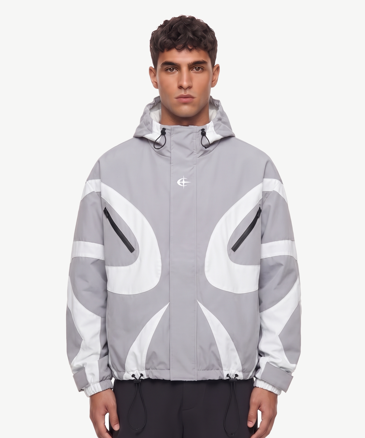 VERTEX - JACKE in Grau, getragen von einem Model, Colorblock-Kapuzenjacke im Oversize-Schnitt